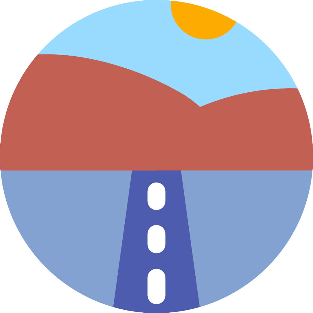 Minimalist illustration of a road leading toward brown hills under a blue sky with the sun partially visible in the top right corner, all within a circular frame.