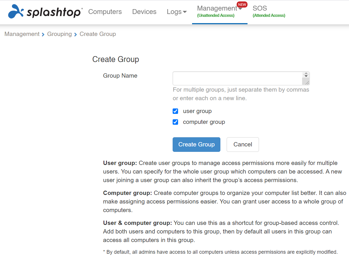 Screenshot of Splashtops Create Group page showing options to enter a group name, select user group and/or computer group, and a blue Create Group button, with descriptions of each group type below.