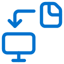 Blue icon showing a computer monitor with an arrow pointing toward a document, symbolizing file transfer or download from a computer to a document.