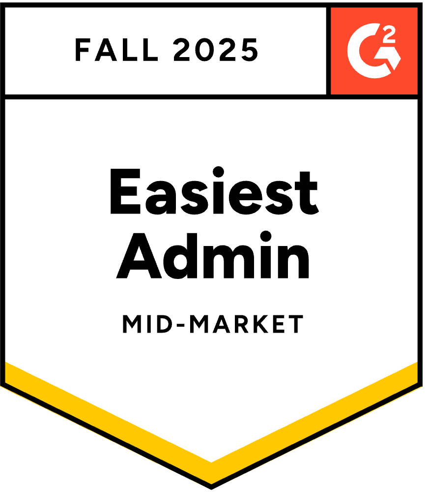 A badge showing Fall 2025 G2 at the top and Easiest Admin Mid-Market in bold text below, with a yellow chevron at the bottom.