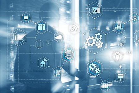 Digital automation concept with interconnected PSA technology icons.