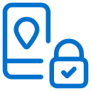 Blue icon showing a smartphone with a location pin on the screen and a padlock with a check mark, representing secure location or privacy protection for mobile devices.