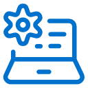 Blue line icon of a laptop with a gear symbol and text lines on the screen, representing settings or system configuration.