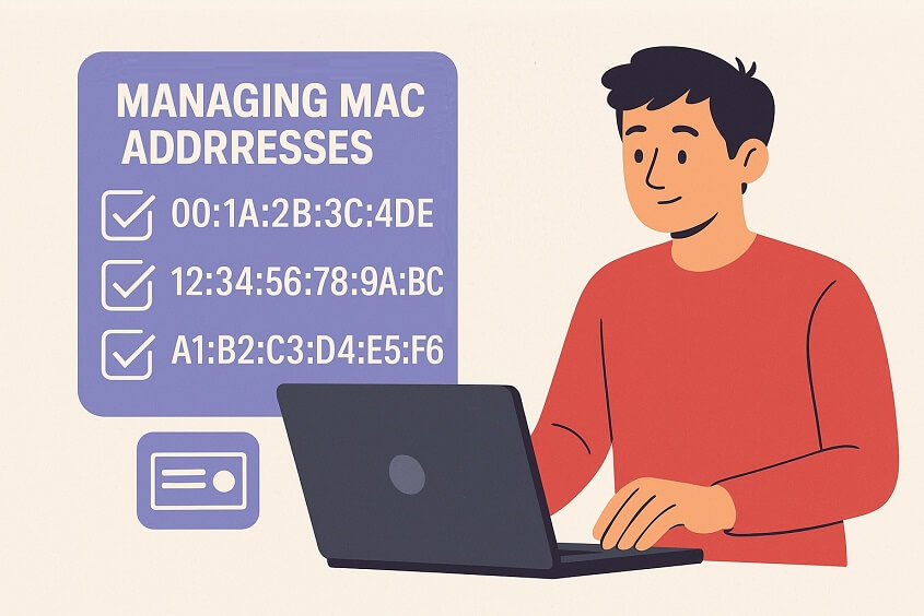 Illustration of a person using a laptop, with a checklist on screen titled MANAGING MAC ADDRESSES and three sample MAC addresses listed, all checked off as completed.