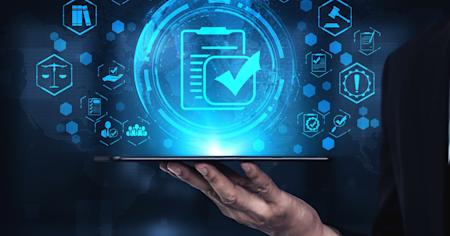 Illustration of remote access compliance with a glowing checkmark, digital icons, and a person holding a tablet.