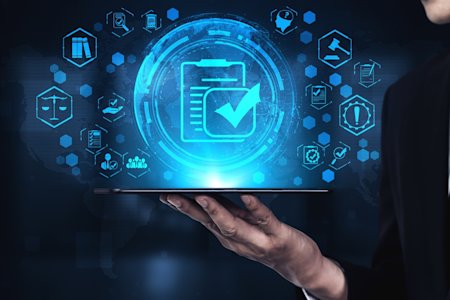 Illustration of remote access compliance with a glowing checkmark, digital icons, and a person holding a tablet.
