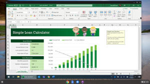 Excel loan calculator with bar chart on a computer screen