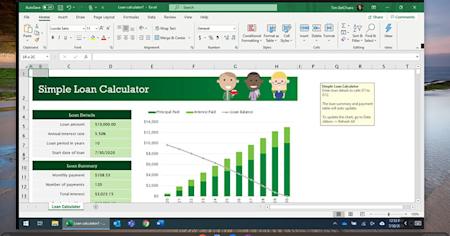 Excel loan calculator with bar chart on a computer screen