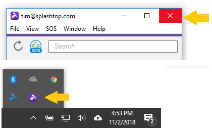 Two screenshots: The top shows an email application with an arrow pointing to the red close button. The bottom shows a Windows taskbar with an arrow pointing to a purple app icon in the system tray.