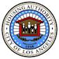 Seal of the Housing Authority of the City of Los Angeles featuring a stylized house with four people inside, surrounded by a blue ring with stars, and text reading “Organized 1938” at the bottom.