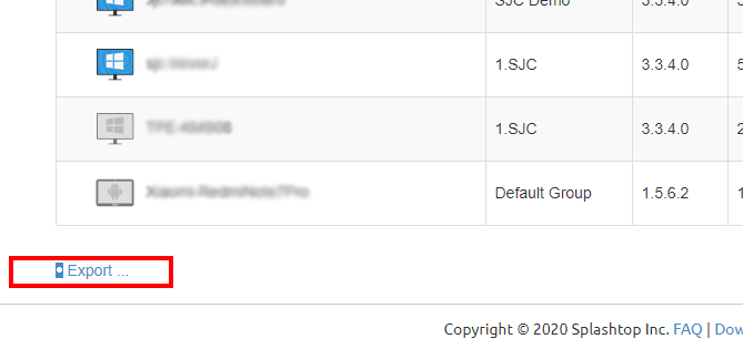 A computer screen shows a table with device names and versions. At the bottom left, a blue Export ... link is highlighted with a red rectangle. The page footer displays Copyright © 2020 Splashtop Inc.