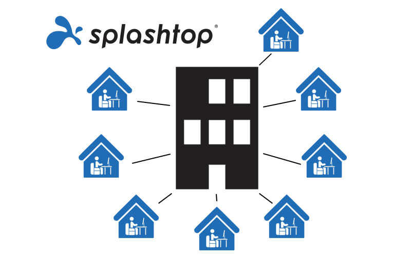 Graphic showing a central building connected to remote home offices, symbolizing remote work with Splashtop