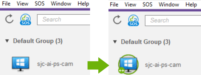 Side-by-side screenshots show a desktop icon with the label sjc-ai-ps-cam. The right image has a green circle with ++ on the icon, indicating a status change. A green arrow points from left to right.
