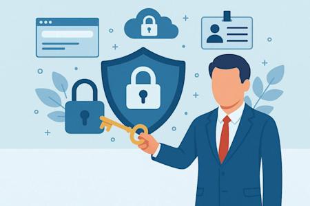 Illustration of a faceless man in a suit holding a large key, with icons of locks, a shield, a cloud, and an ID card in the background, symbolizing cybersecurity and data protection.