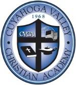 Circular blue and white logo for Cuyahoga Valley Christian Academy, featuring a shield with a cross, a Bible, a lamp, and a waving flag, along with the year 1968.