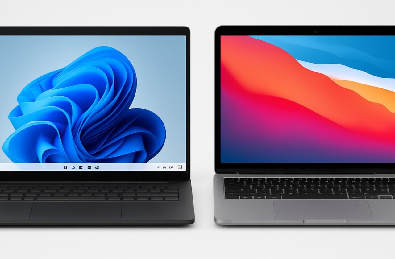 A Windows and Mac computer side-by-side.