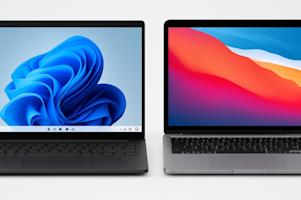 A Windows and Mac computer side-by-side.