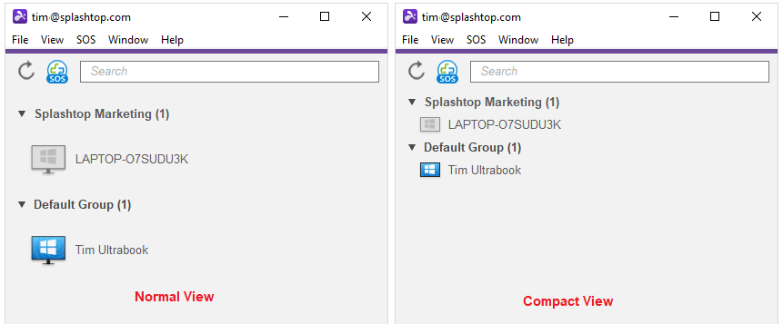 Screenshot showing two versions of the Splashtop app: the left side displays Normal View and the right side shows Compact View, both listing devices under groups, with slightly different layouts.