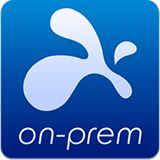 A blue square icon with a white abstract splash design above the text “on-prem” written in lowercase white letters.