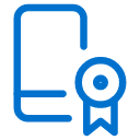 Blue outline icon of a closed book with a round award ribbon attached to the lower right corner, on a light gray background.