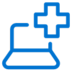 Blue icon of a laptop with a large medical cross symbol above it, suggesting digital healthcare or online medical services, on a light gray background.