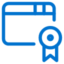 A blue outline of a rectangular browser window with a bookmark or ribbon icon attached to the lower right corner, symbolizing certification or achievement.