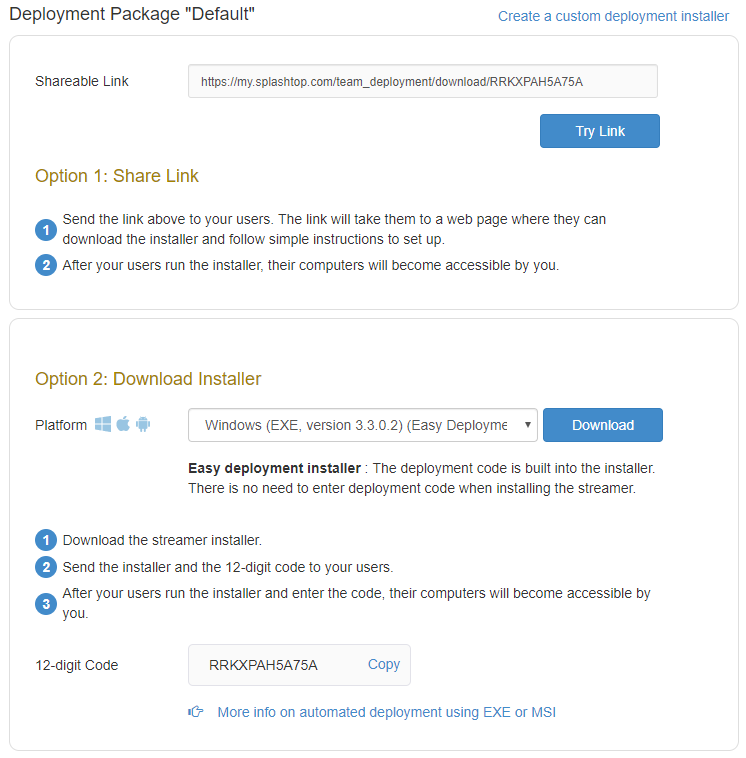 Screenshot of a deployment package page showing options to share a software installer via a link or by downloading it. Instructions, a 12-digit code, and buttons for copying and downloading are displayed.