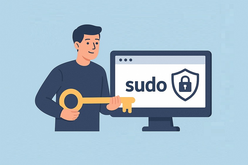 Illustration of a person holding a large key next to a monitor displaying the word sudo and a shield with a padlock, symbolizing computer security and administrative access.