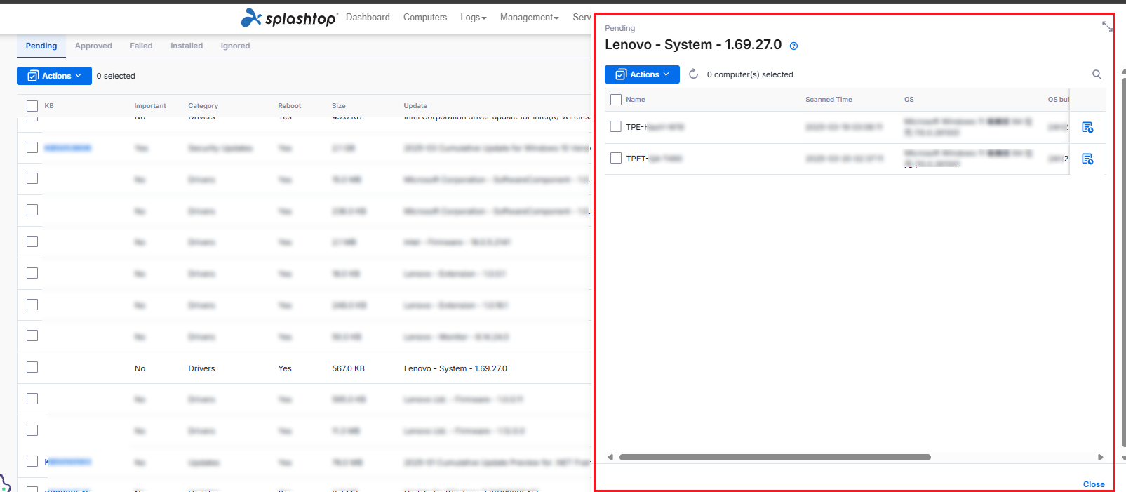 Reviewing which computers are affected by an update in Splashtop AEM.