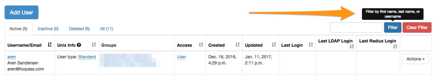 User filter screenshot
