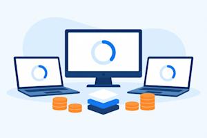 Endpoint management pricing, with computers and stacks of coins.