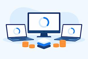 Endpoint management pricing, with computers and stacks of coins.