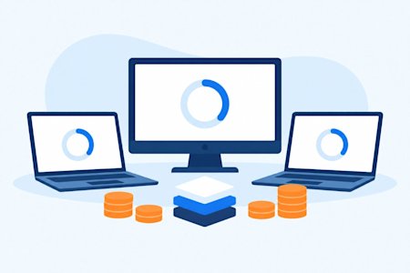 Endpoint management pricing, with computers and stacks of coins.
