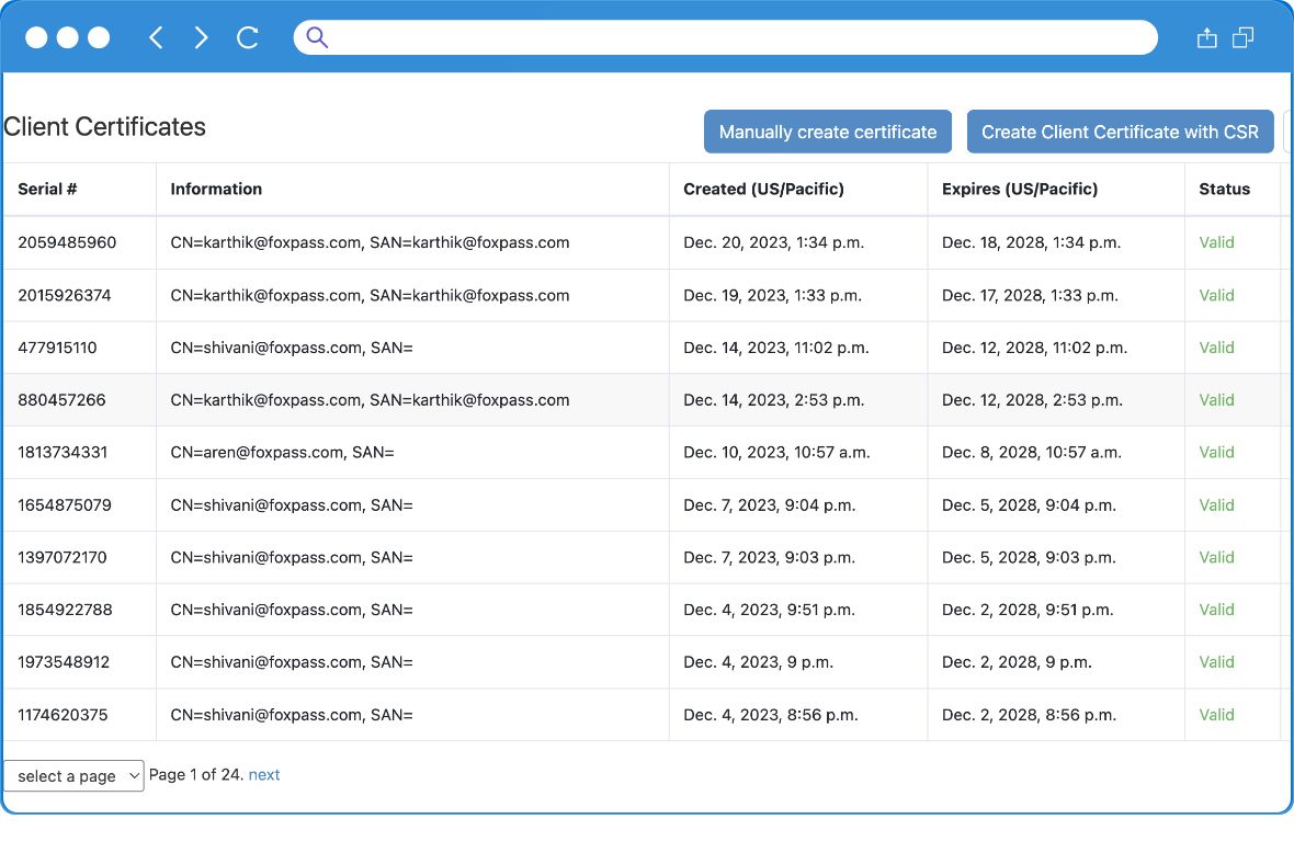 A dashboard listing client certificates with columns for serial number, information, creation and expiration dates, and status. All certificates shown are marked valid. Two buttons for creating certificates are at the top right.