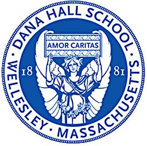 Blue and white seal for Dana Hall School, Wellesley, Massachusetts, featuring an angel holding a sign that reads “AMOR CARITAS” and the year 1881.