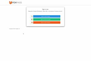 Screenshot of a Foxpass login page with options to sign in using Google, Microsoft, or Foxpass. A small video call window shows a person in the bottom left corner.