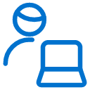 Blue outline icon of a person sitting in front of an open laptop, shown on a light background.