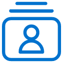 Blue icon of a person inside a rectangle, with three horizontal lines above the rectangle, on a light gray background.