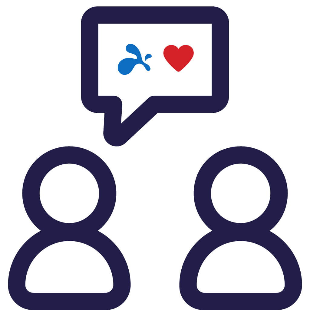 Two simple human figures with a speech bubble above them containing a blue splash symbol and a red heart, representing communication or sharing emotions.