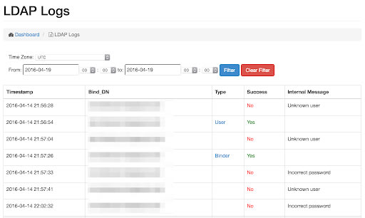 Screenshot of the LDAP logs feature