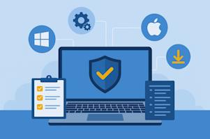 A computer surrounded by system icons representing software updates, automation, and device security, symbolizing patch management for small IT teams.
