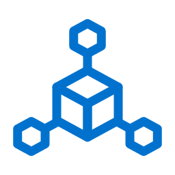 A blue geometric icon of a cube with three hexagons connected to its corners by lines, all on a light gray background.