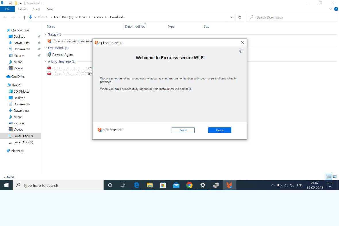 A Windows desktop shows a folder with downloaded files. A pop-up window from Sophossetup.msi displays a message titled Welcome to Foxpass secure Wi-Fi with Cancel and Sign in buttons.