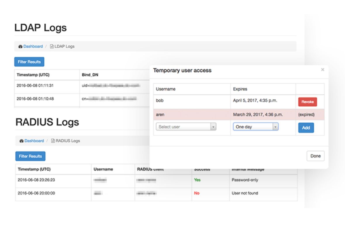 Screenshot showing LDAP and RADIUS log tables with timestamps and user details, alongside a pop-up window for temporary user access, listing usernames, expiration dates, and options to revoke or add access.