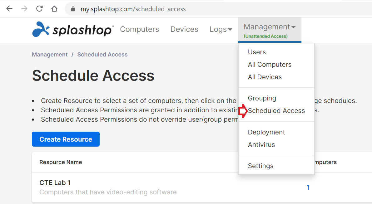 A webpage showing the Schedule Access section on Splashtop. The Management menu is open, highlighting Scheduled Access. A blue Create Resource button is visible with a resource named CTE Lab 1 listed below.