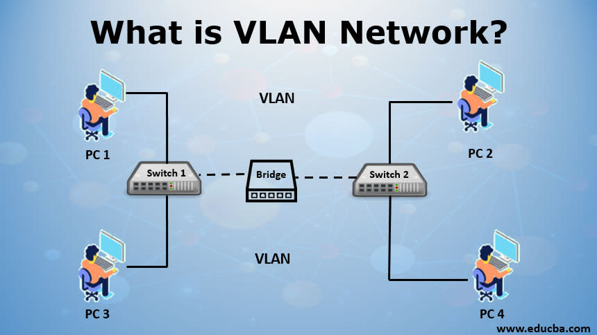 A map illustrating how VLAN connects PCs between switches and bridges