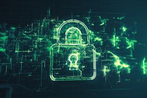 Glowing green padlock symbolizing AES encryption and data security.