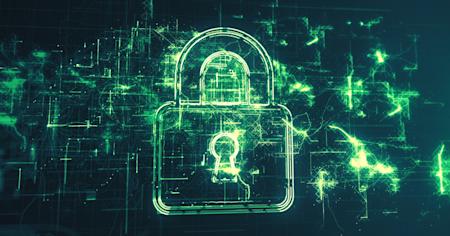 Glowing green padlock symbolizing AES encryption and data security.