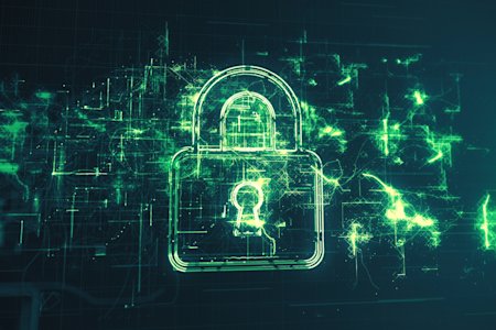 Glowing green padlock symbolizing AES encryption and data security.