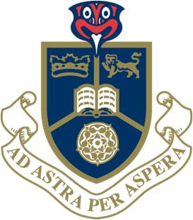 A coat of arms with a crown, lion, open book, and white rose on a blue shield. Above is a red-white-blue Māori mask. Below is a gold banner with the motto Ad Astra Per Aspera.